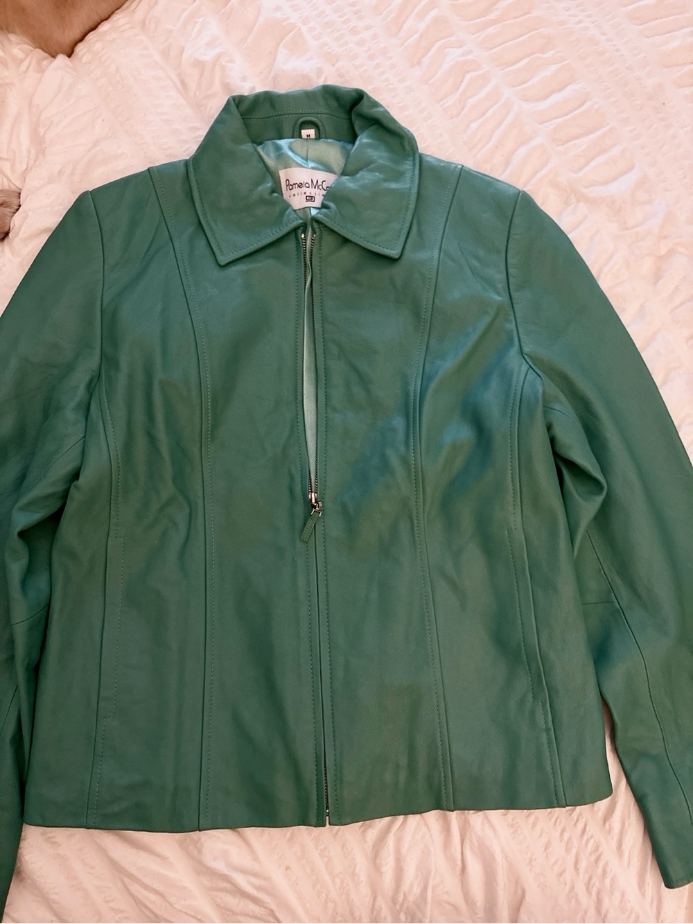 Pamela McCoy Collections Green/Blue Leather Zip Front Jacket